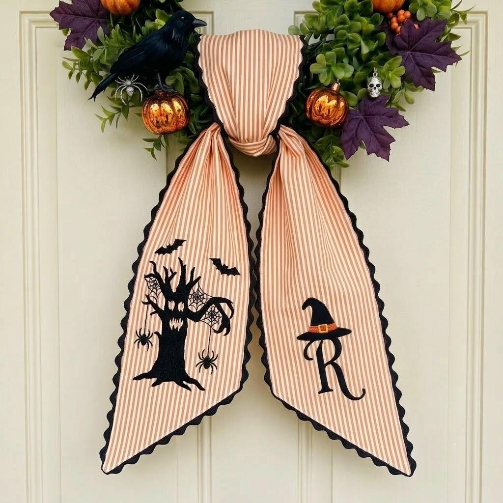 Personalized Halloween Witch Tree Wreath Sash, Custom Spooky Monogram Wreath Bow, Witch Front Door Decor