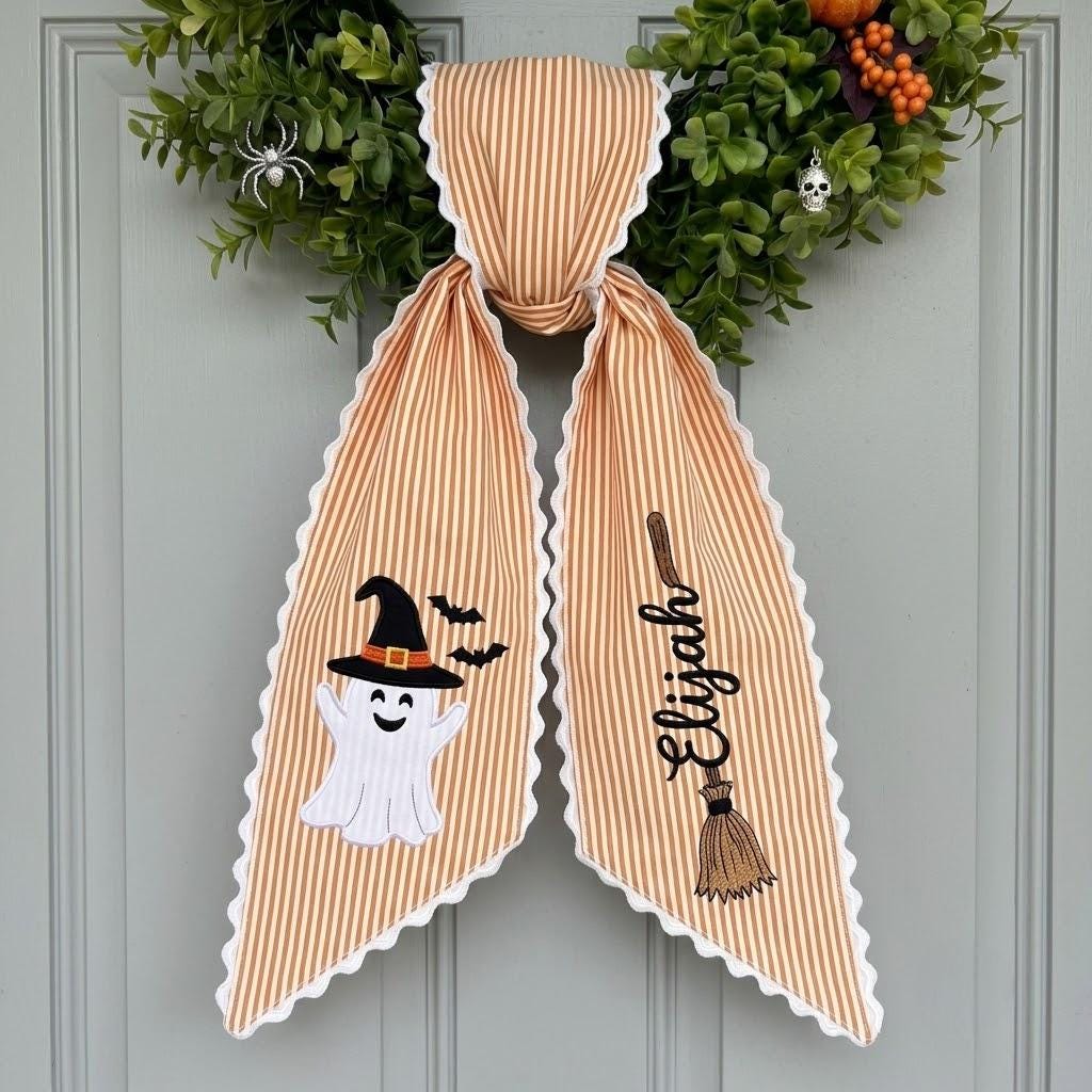 Custom Name Halloween Ghost Wreath Sash, Boo Embroidered Wreath Bow, Witchy Home Decor