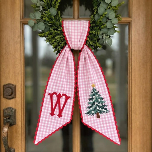Custom Embroidered Christmas Wreath Sash, Personalized Monogram Holiday Decor, Farmhouse Style Banner
