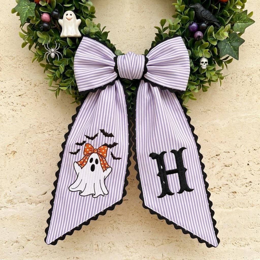 Personalized Halloween Ghost Wreath Sash, Custom Embroidered Monogram Wreath Bow for Holiday Decorations