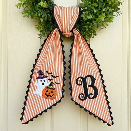 Personalized Embroidered Witch Ghost Halloween Wreath Sash, Personalized Seasonal Front Door Pumpkin Decor