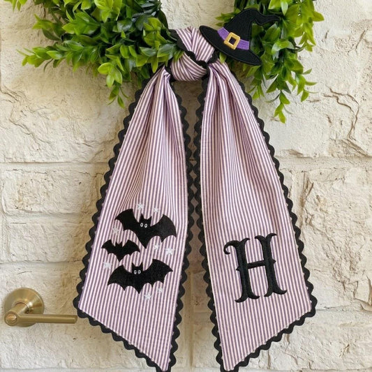 Personalized Bats Halloween Wreath Sash, Custom Embroidered Monogram Wreath Bow for Holiday Decorations