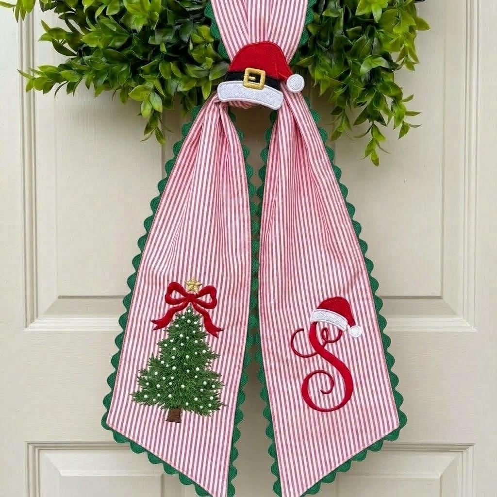 Personalized Christmas Wreath Sash, Custom Monogram Front Door Bow, Embroidered Christmas Tree Door Decor