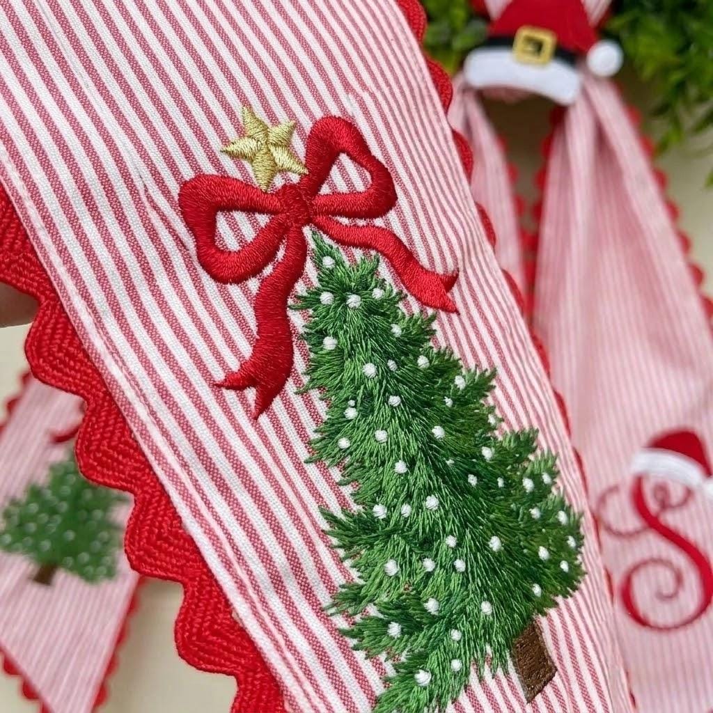 Personalized Christmas Wreath Sash, Custom Monogram Front Door Bow, Embroidered Christmas Tree Door Decor