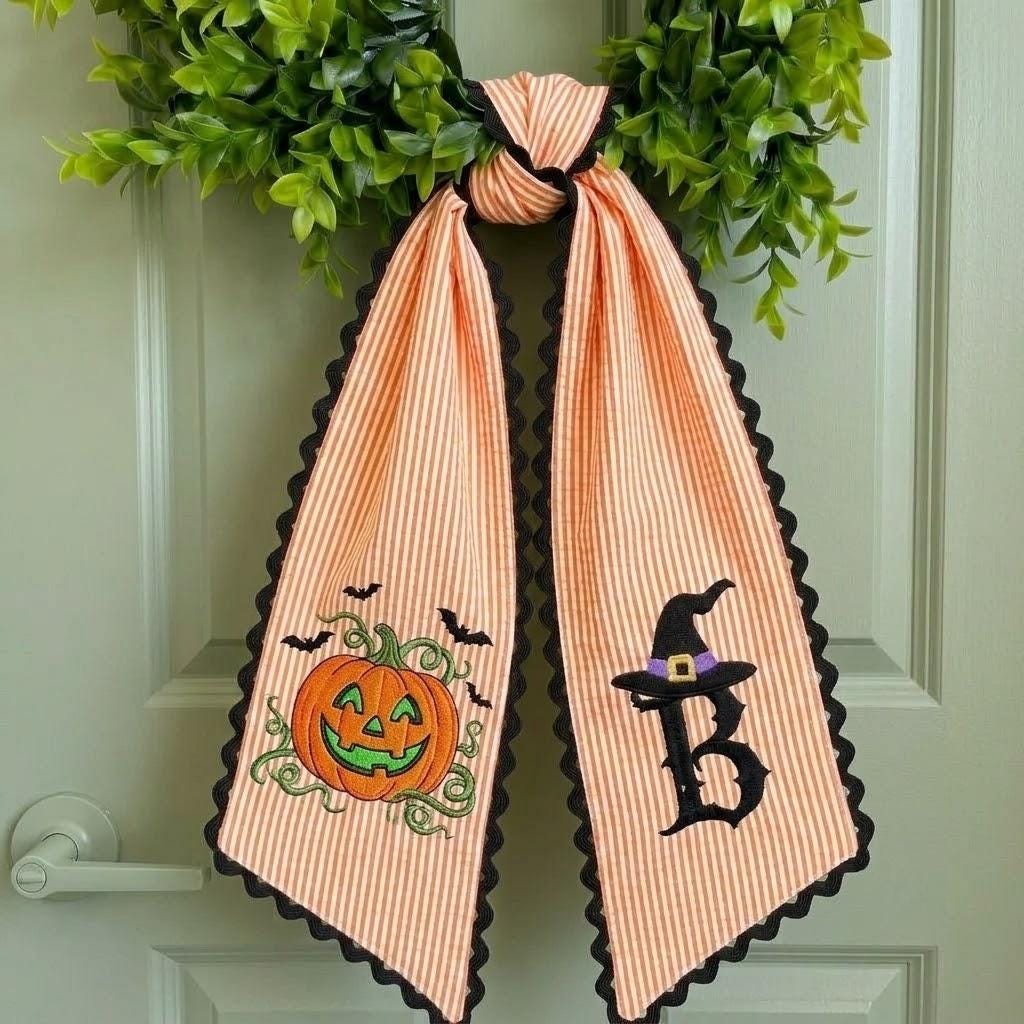 Personalized Halloween Pumpkin Wreath Sash, Custom Embroidered Holiday Monogram Wreath Bow for Front Door Decor