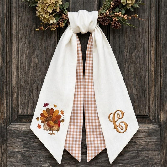 Thanksgiving Wreath Sash, Embroidered Turkey Monogram Door Bow, Gingham Autumn Decor, Custom Fall Wreath Ribbon