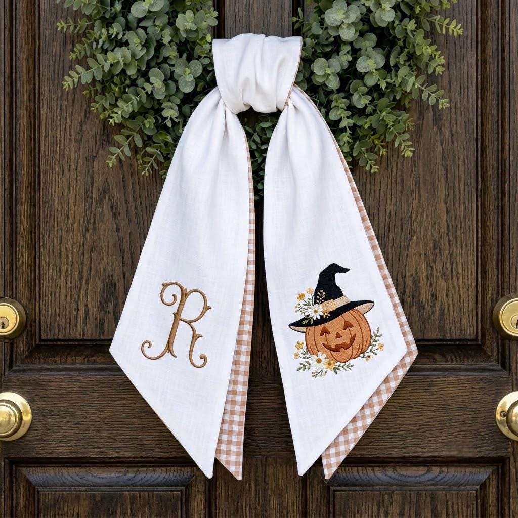 Personalized Pumpkin Wreath Sash, Custom Embroidered Halloween Monogram Door Bow, Gingham Fall Decor