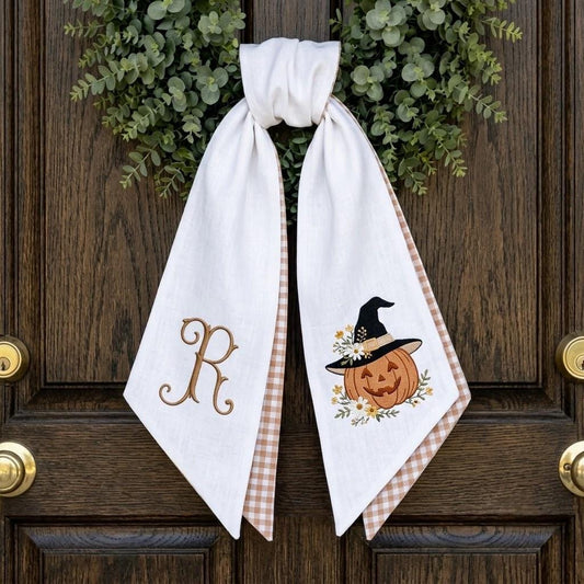 Personalized Pumpkin Wreath Sash, Custom Embroidered Halloween Monogram Door Bow, Gingham Fall Decor