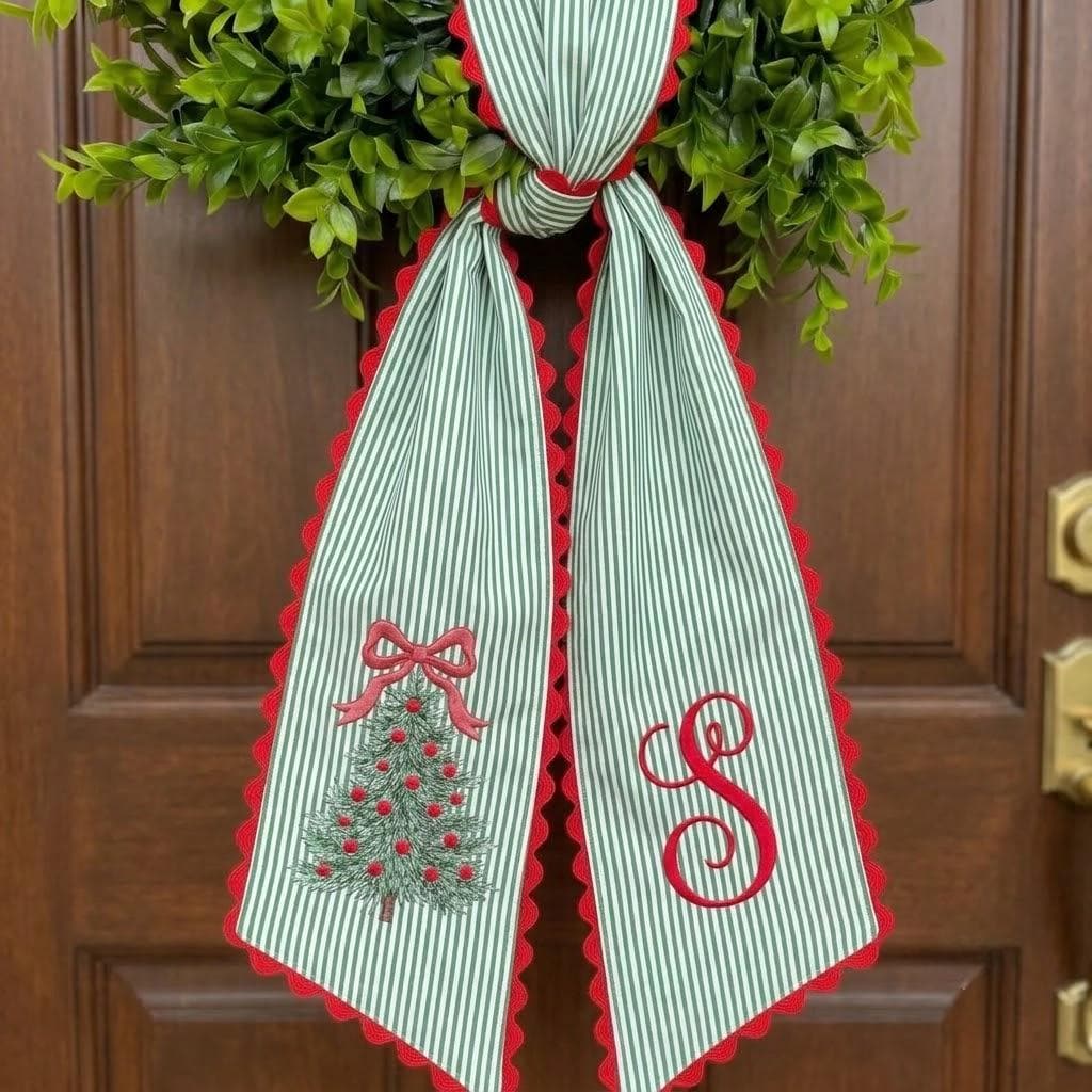 Personalized Christmas Wreath Sash, Custom Monogram Front Door Bow, Embroidered Holiday Decor