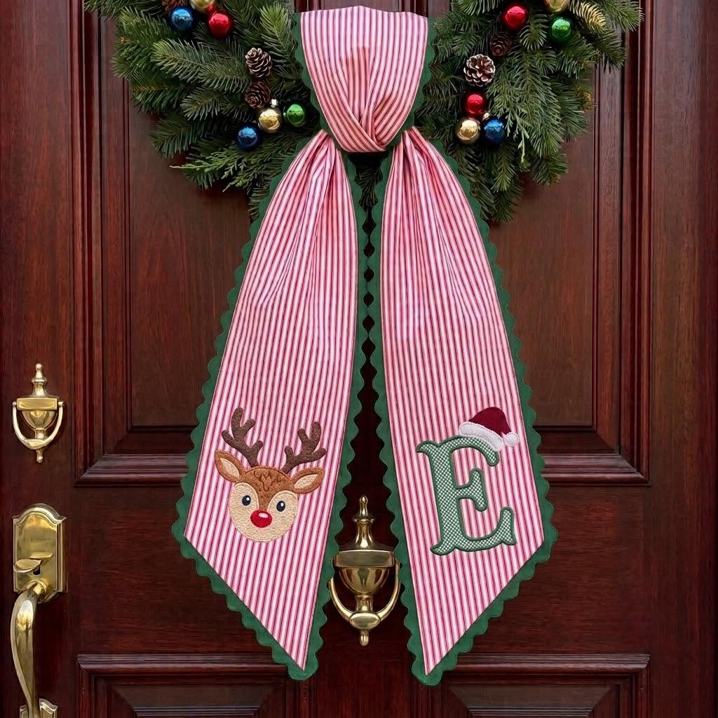 Personalized Christmas Reindeer Wreath Sash, Striped Ric Rac Monogram Door Bow, Holiday Front Door Hanger