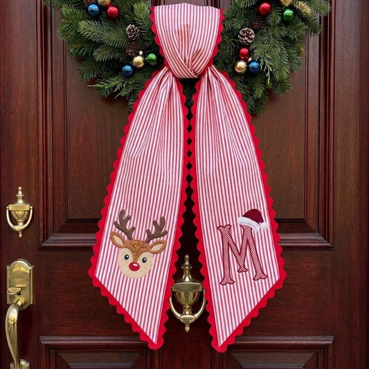Personalized Christmas Reindeer Wreath Sash, Striped Ric Rac Monogram Door Bow, Holiday Front Door Hanger