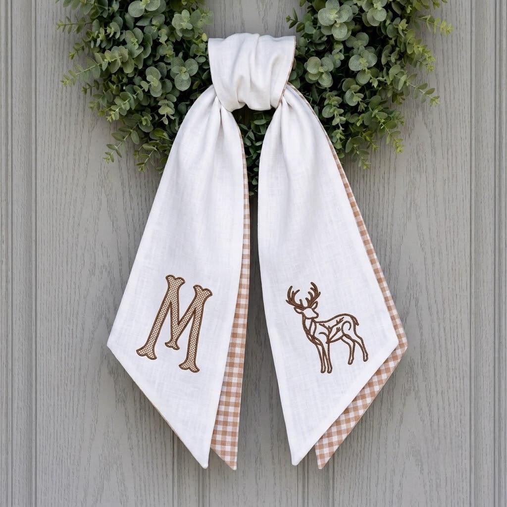 Personalized Monogram Wreath Sash, Embroidered Deer Fall Door Decor, Gingham Plaid Bow