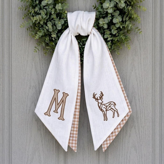Personalized Monogram Wreath Sash, Embroidered Deer Fall Door Decor, Gingham Plaid Bow