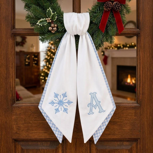 Personalized Snowflake Wreath Sash, Custom Monogram Front Door Bow, Embroidered Winter Holiday Decor, Gingham Plaid Christmas Hanger