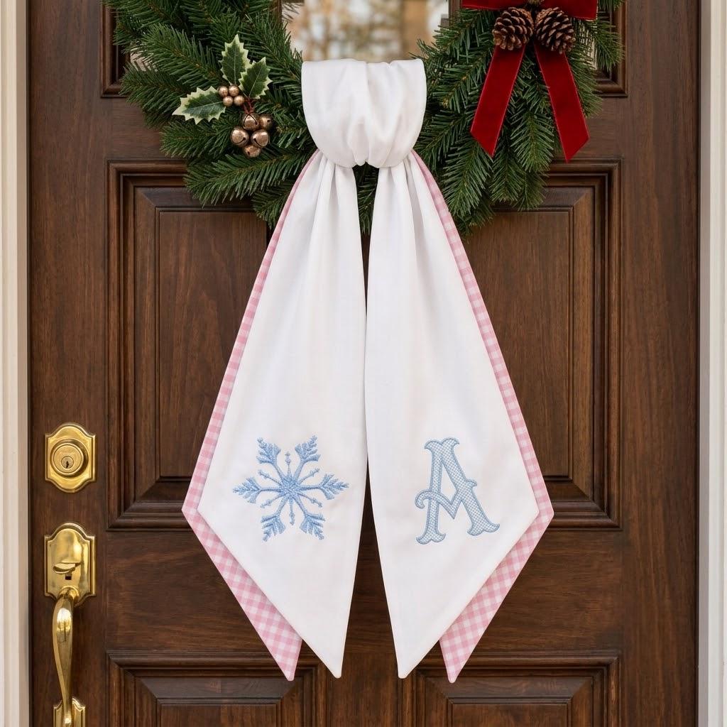 Personalized Snowflake Wreath Sash, Custom Monogram Front Door Bow, Embroidered Winter Holiday Decor, Gingham Plaid Christmas Hanger