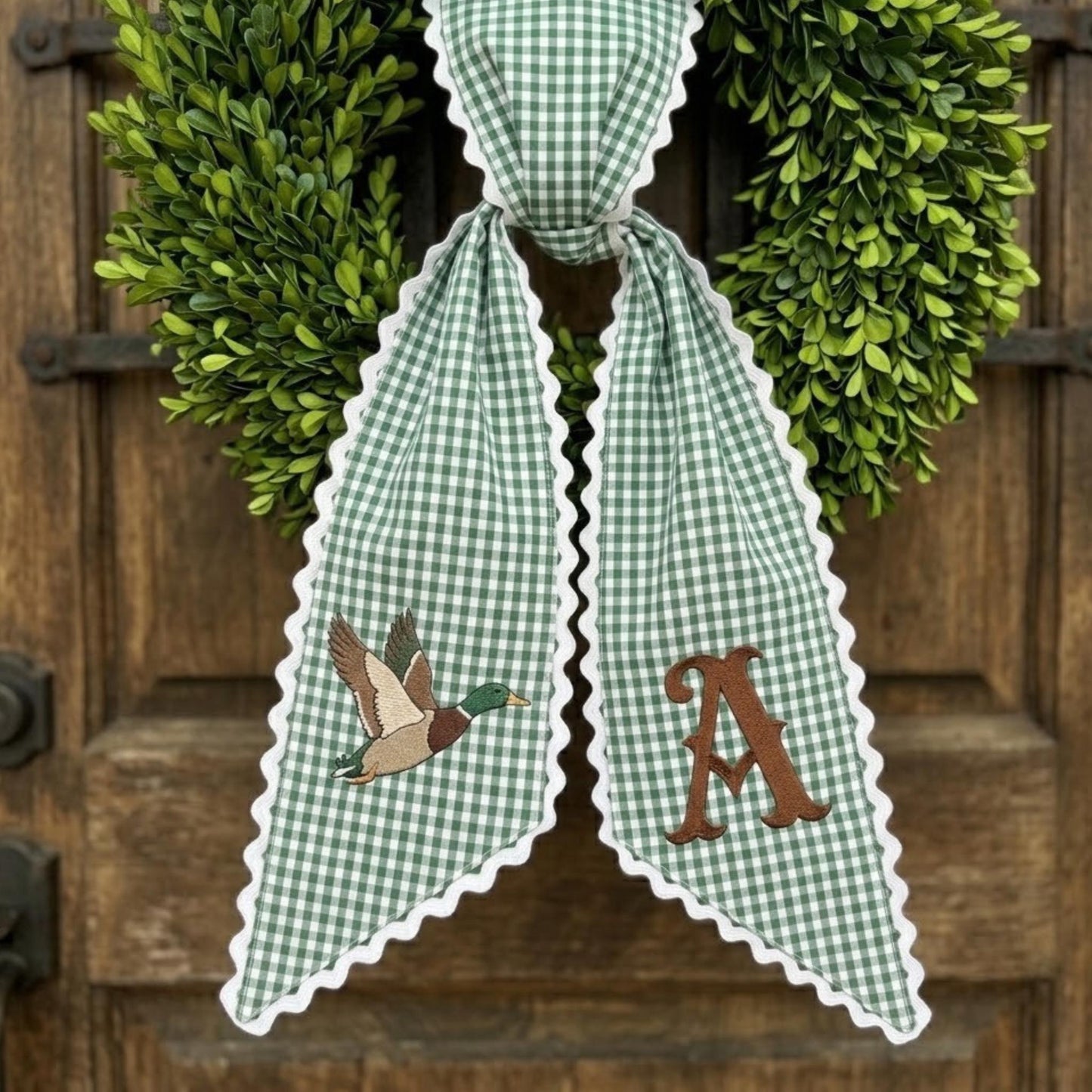 Personalized Mallard Duck Wreath Bow, Custom Monogram Fall Door Decor, Gingham Holiday Hanger, Outdoor Hostess Gift