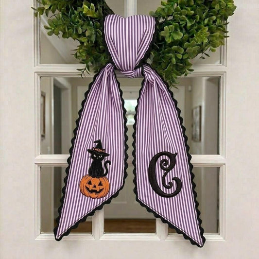 Halloween Monogram Wreath Sash, Embroidered Witch Cat Pumpkin Hanger, Striped Cottagecore Door Bow, Autumn Gift