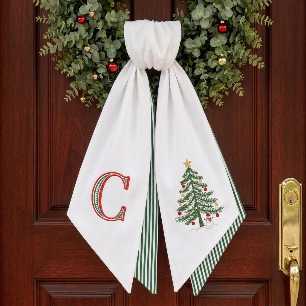 Personalized Christmas Tree Wreath Sash, Embroidered Monogram Decor, Striped Holiday Bow, Custom Initial Hanger