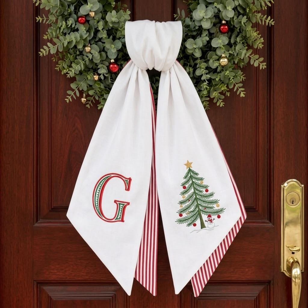 Personalized Christmas Tree Wreath Sash, Embroidered Monogram Decor, Striped Holiday Bow, Custom Initial Hanger