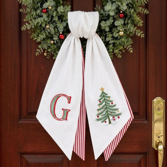 Personalized Christmas Tree Wreath Sash, Embroidered Monogram Decor, Striped Holiday Bow, Custom Initial Hanger