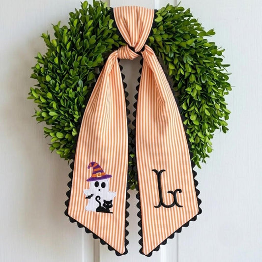 Embroidered Halloween Monogram Wreath Sash, Witch Cat Pumpkin Door Decor, Cottagecore Autumn Hanger