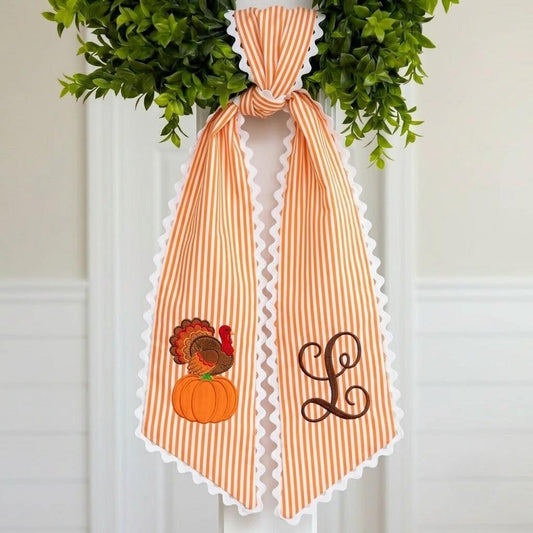 Personalized Holiday Turkey Wreath Sash, Embroidered Fall Pumpkin Monogram Hanger, Autumn Porch Decor