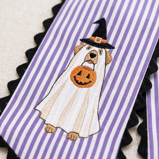 Embroidered Ghost Golden Retriever Wreath Sash, Custom Halloween Initial Door Hanger, Dog Lover Gift