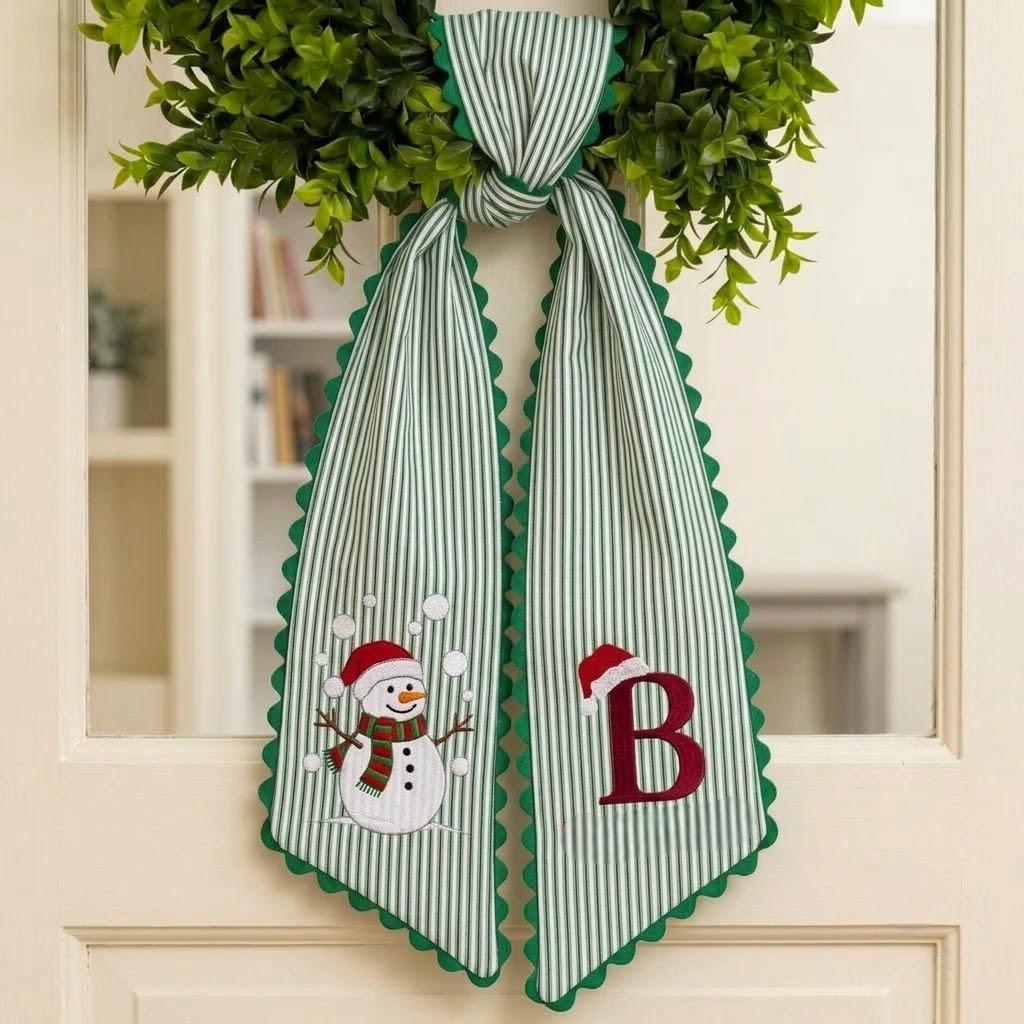 Personalized Snowman Christmas Wreath Sash, Custom Embroidered Santa Hat Monogram Door Decor