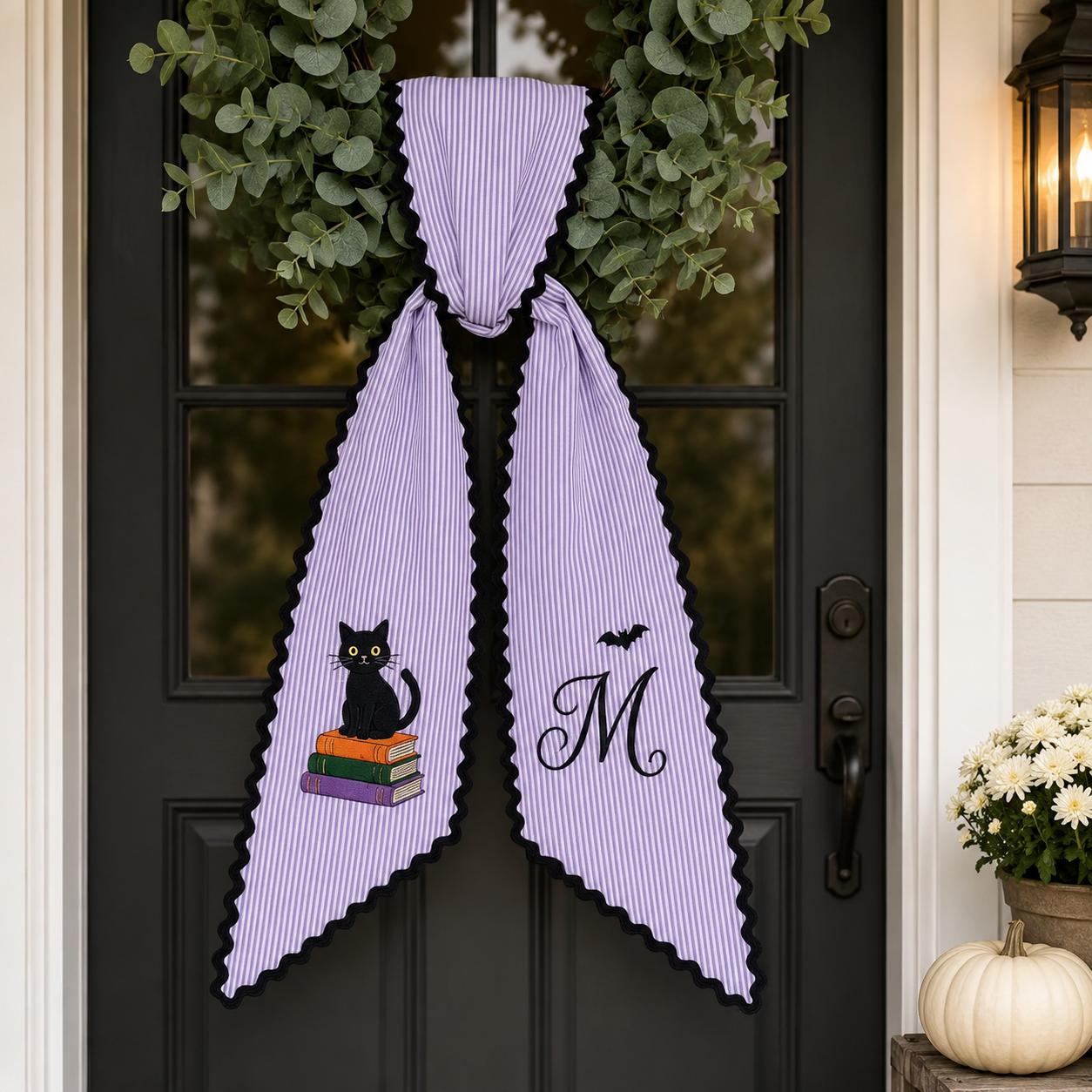 Personalized Halloween Wreath Sash, Embroidered Black Cat and Monogram Door Bow, Purple Striped Fall Porch Decor