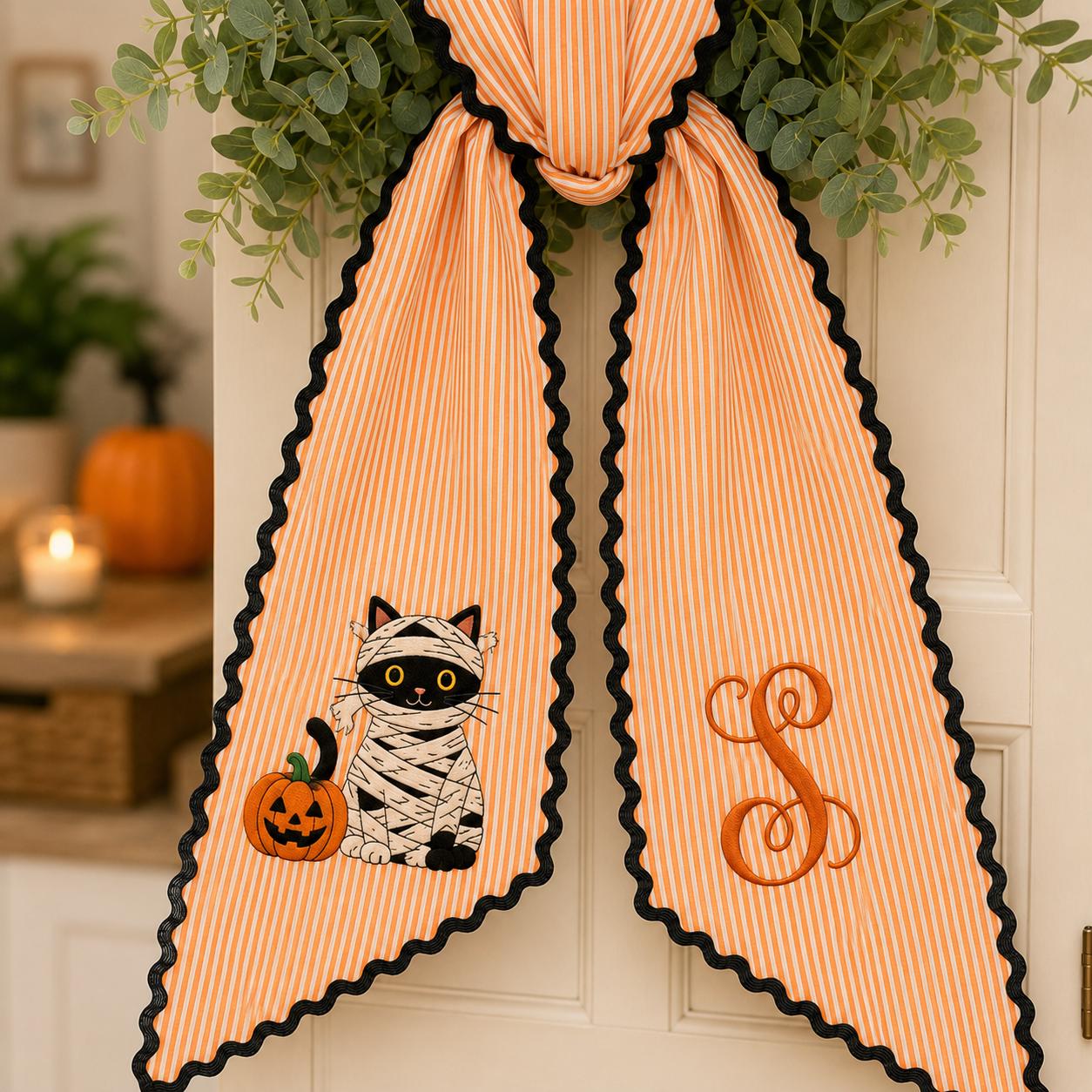 Personalized Halloween Wreath Sash, Embroidered Mummy Cat Pumpkin Door Bow, Orange Stripe Monogram Fall Porch Decor