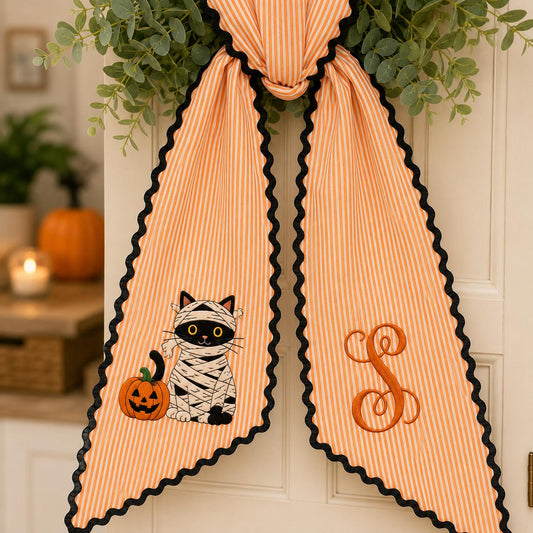 Personalized Halloween Wreath Sash, Embroidered Mummy Cat Pumpkin Door Bow, Orange Stripe Monogram Fall Porch Decor
