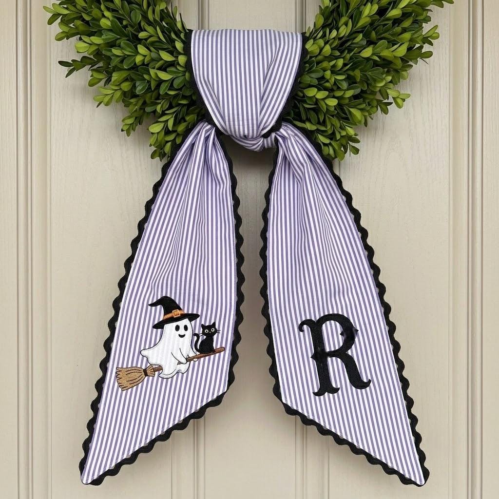 Personalized Halloween Wreath Sash, Custom Embroidered Witch Ghost Wreath Bow, Fall Porch Decoration Gift