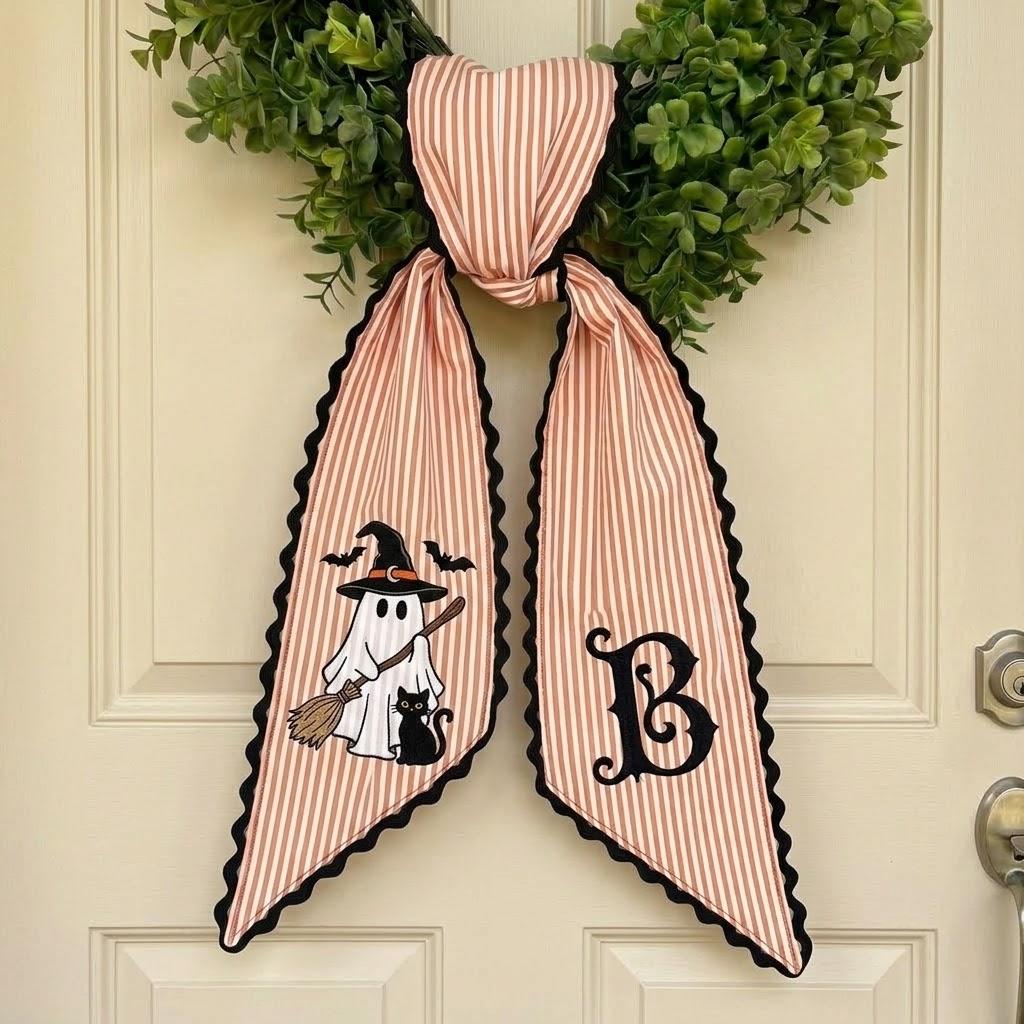 Personalized Halloween Ghost Wreath Sash, Custom Embroidered Front Door Decor, Fall Porch Decoration