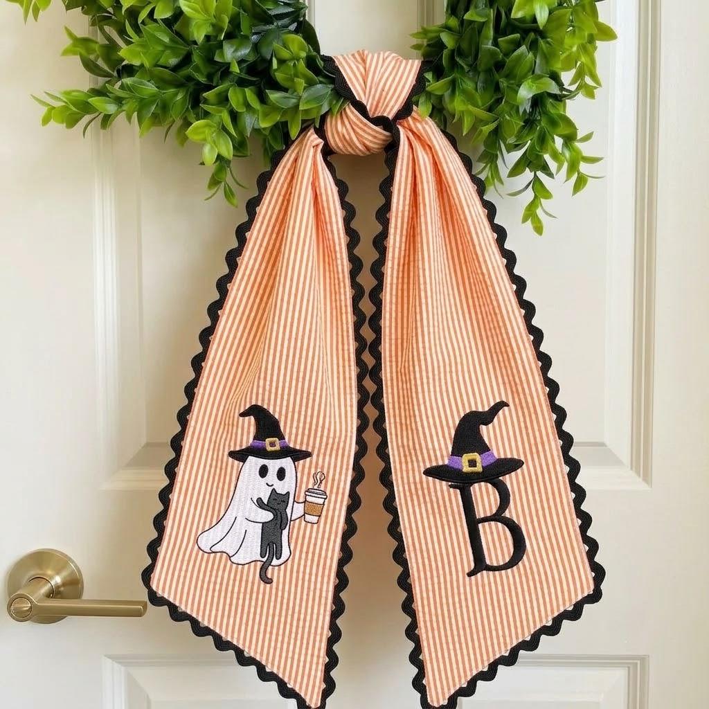 Custom Halloween Wreath Sash, Embroidered Ghost Monogram Bow, Striped Front Door Decor, Personalized Autumn Gift