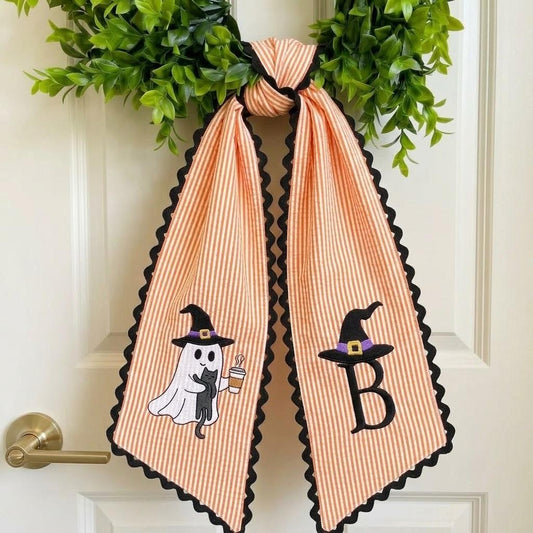 Custom Halloween Wreath Sash, Embroidered Ghost Monogram Bow, Striped Front Door Decor, Personalized Autumn Gift