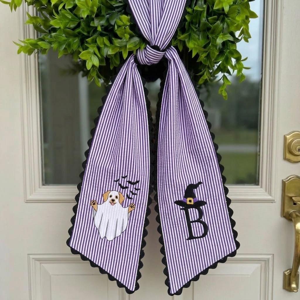Personalized Halloween Wreath Sash, Custom Embroidered Golden Retriever Ghost Bow, Striped Front Door Decor