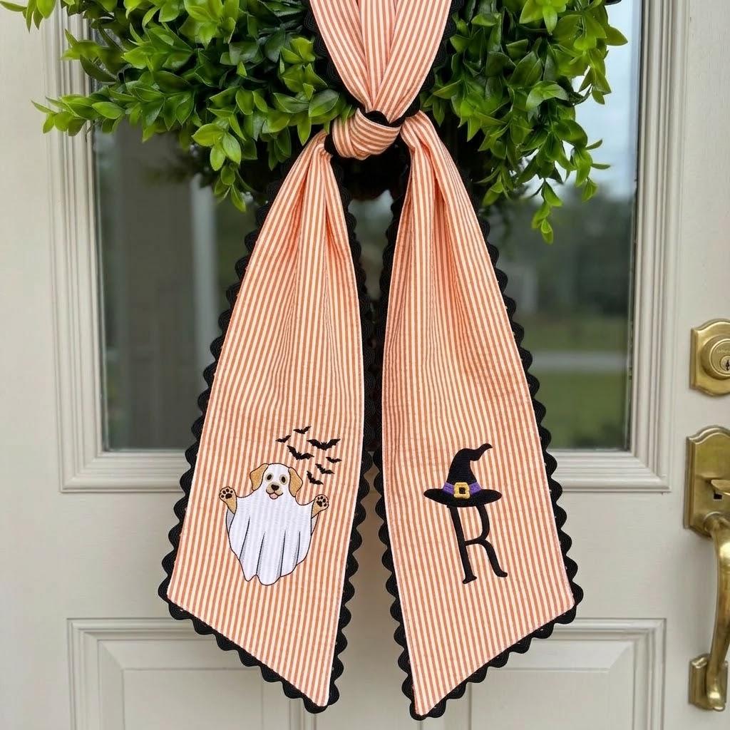 Personalized Halloween Wreath Sash, Custom Embroidered Golden Retriever Ghost Bow, Striped Front Door Decor