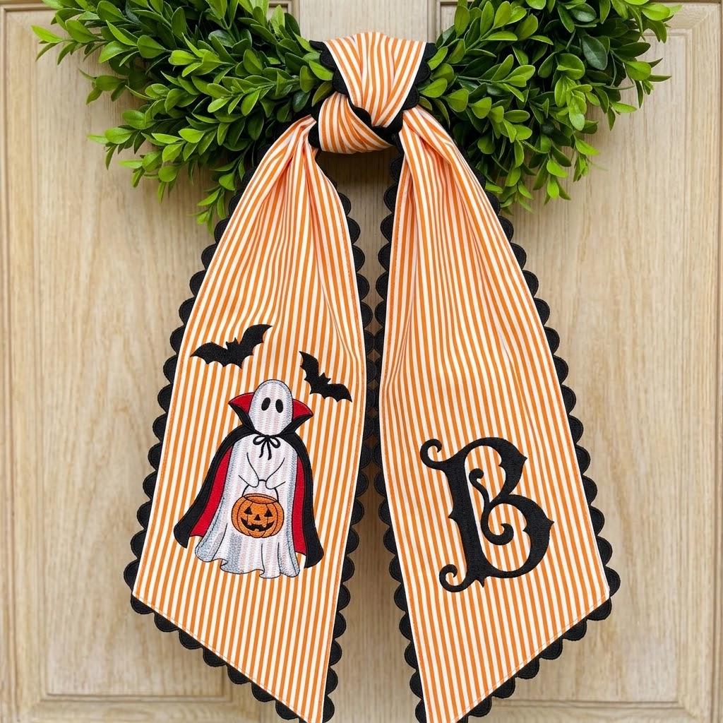 Personalized Halloween Wreath Sash & Mailbox Decor, Stripe Vampire Ghost Monogram Bow, Embroidered Spooky Front Door Decor