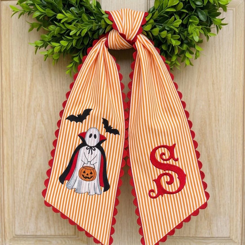 Personalized Halloween Wreath Sash & Mailbox Decor, Stripe Vampire Ghost Monogram Bow, Embroidered Spooky Front Door Decor