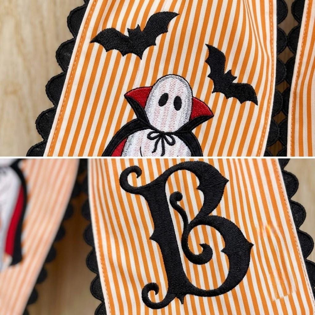 Personalized Halloween Wreath Sash & Mailbox Decor, Stripe Vampire Ghost Monogram Bow, Embroidered Spooky Front Door Decor