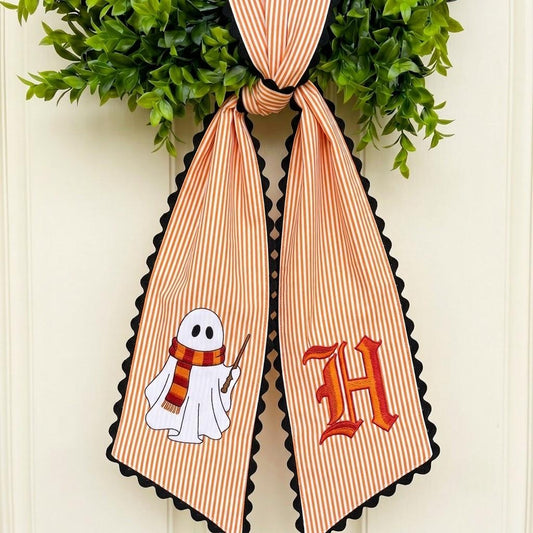 Personalized Ghost Halloween Wreath Sash, Embroidered Monogram Door Bow Decor, Housewarming Gift
