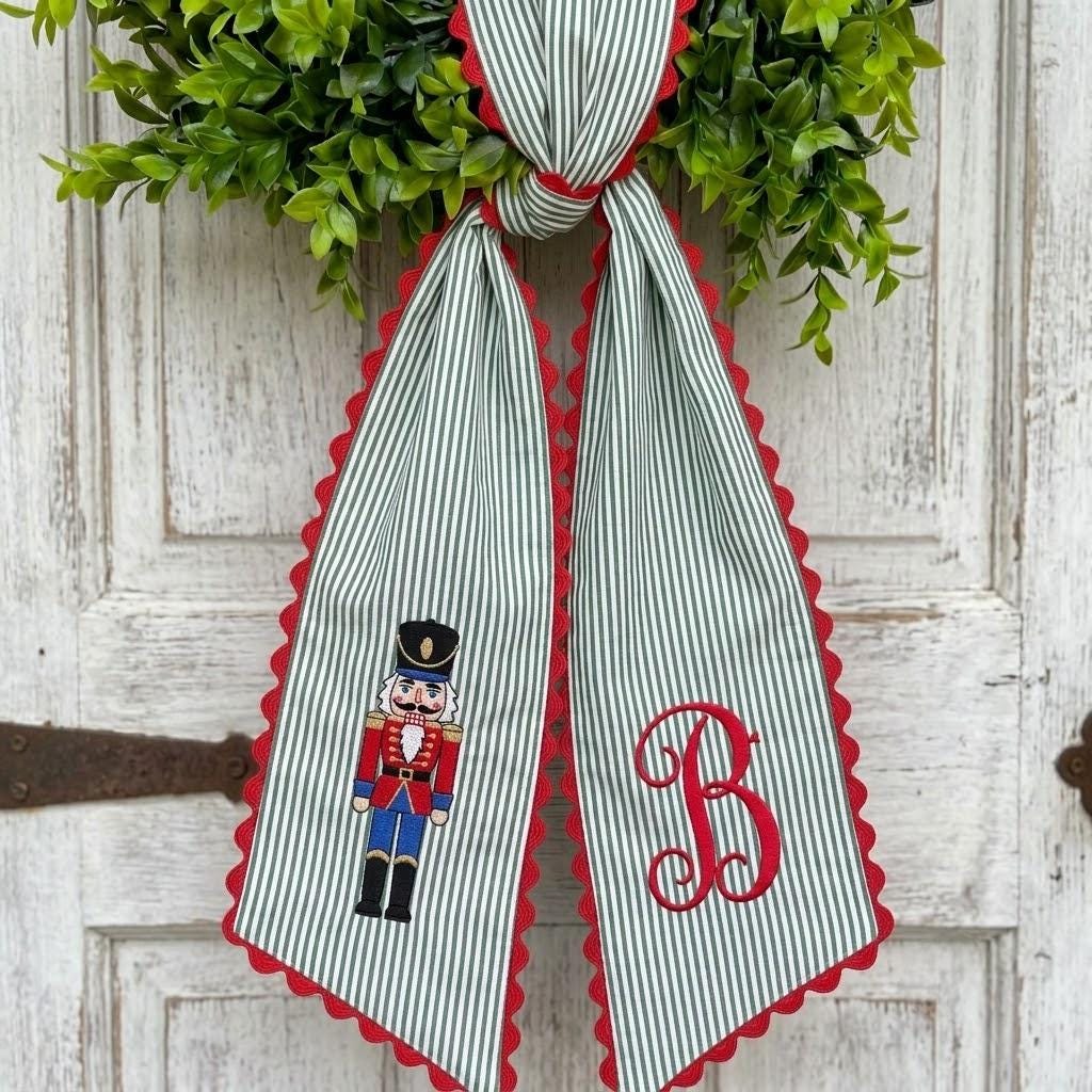 Personalized Nutcracker Embroidered Wreath Sash, Custom Christmas Monogram Wreath Bow, Holiday Front Door Decor