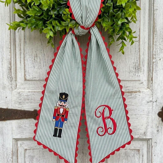 Personalized Nutcracker Embroidered Wreath Sash, Custom Christmas Monogram Wreath Bow, Holiday Front Door Decor