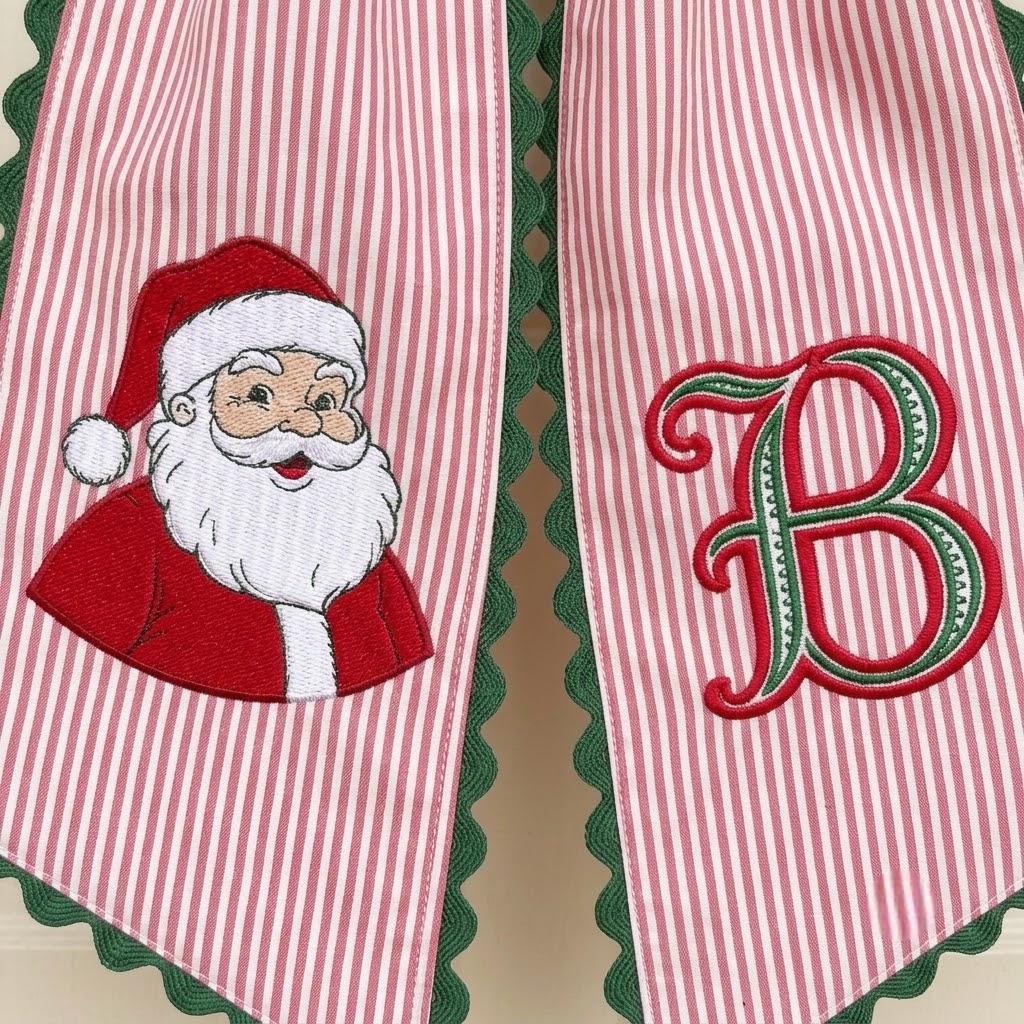 Personalized Santa Embroidered Wreath Sash, Custom Christmas Glittery Monogram Wreath Bow, Christmas Front Door Decor