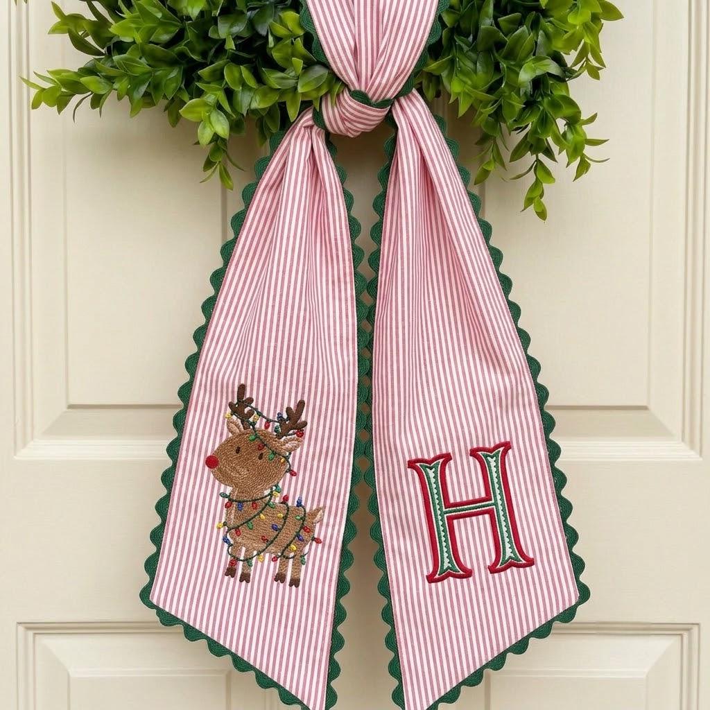 Personalized Reindeer Embroidered Wreath Sash, Custom Christmas Monogram Sash, Festive Front Porch Decor