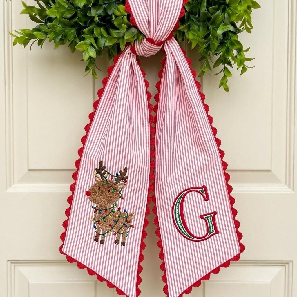 Personalized Reindeer Embroidered Wreath Sash, Custom Christmas Monogram Sash, Festive Front Porch Decor