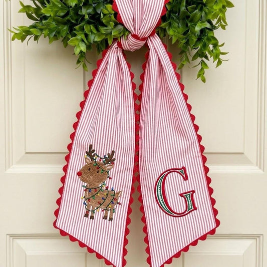 Personalized Reindeer Embroidered Wreath Sash, Custom Christmas Monogram Sash, Festive Front Porch Decor