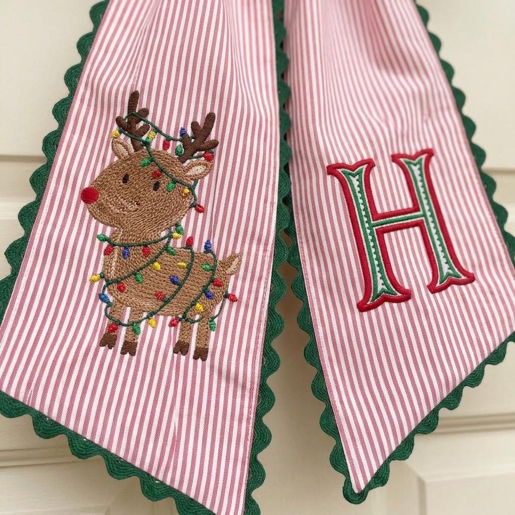 Personalized Reindeer Embroidered Wreath Sash, Custom Christmas Monogram Sash, Festive Front Porch Decor