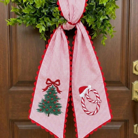 Personalized Christmas Tree Embroidered Wreath Sash, Custom Candy Cane Monogram Wreath Bow, Festive Xmas Gift