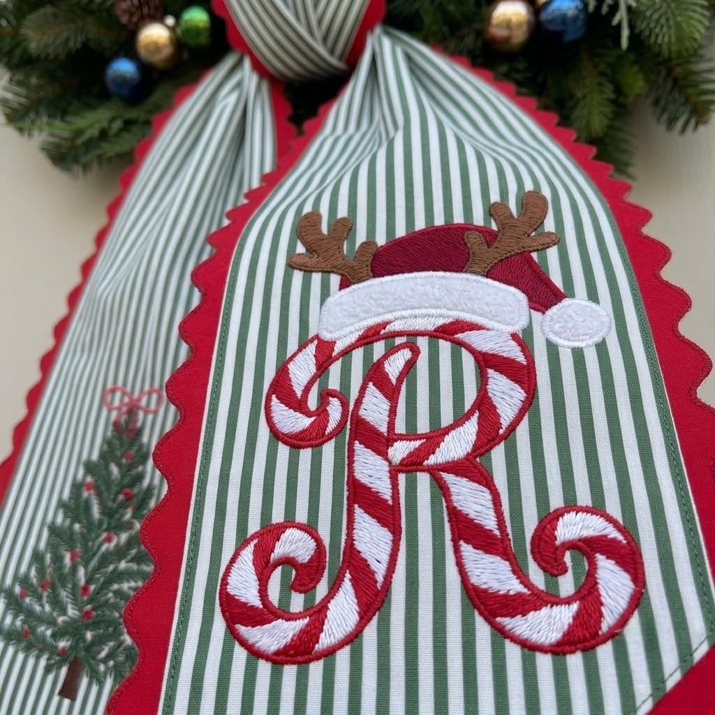 Personalized Striped Christmas Wreath Sash for Door Decor, Embroidered Christmas Tree Ribbon, Xmas Gift